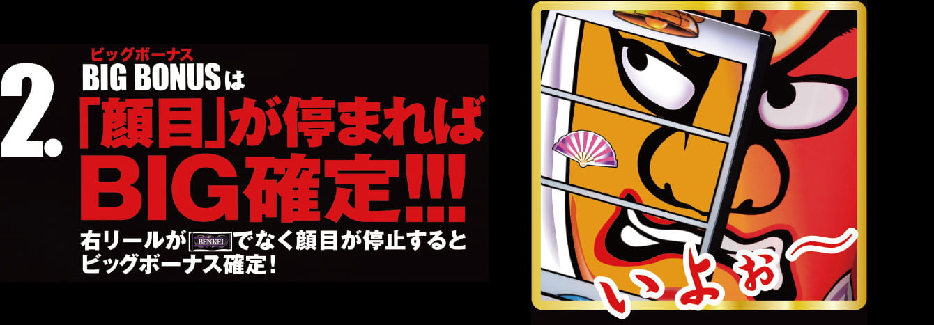 2.ビッグボーナスは「顔目」が停まればBIG確定！右リールが「BENKEI」でなく顔目が停止するとビッグボーナス確定！